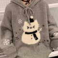 Women's Gray Hooded Knit Sweater with Cute Cartoon Bear Print – Cozy Winter Pullover
