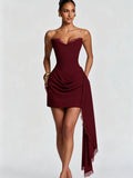 Women's Strapless Mini Dress – Elegant Bow-Pleated Hem Bodycon Party Dress