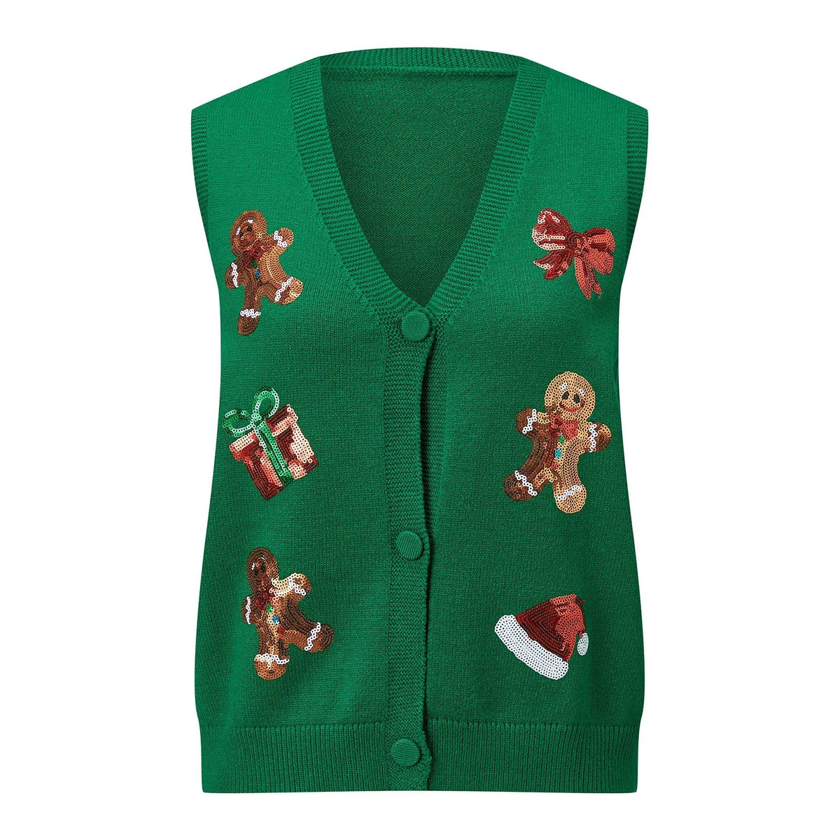 Women's Christmas Sweater Vest – Festive Sequin Gingerbread Men and Candy Cane Button-Up Cardigan
