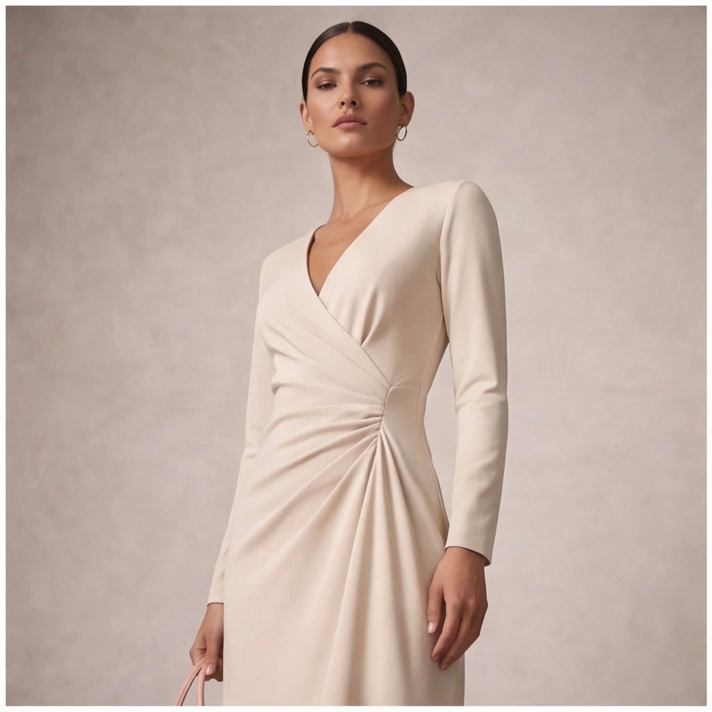 Vestito midi elegante da donna con maniche lunghe e incrocio