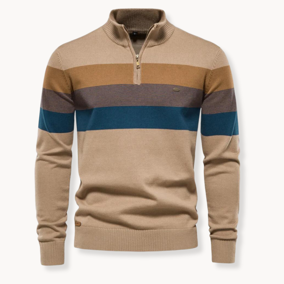 Beige sweater with brown and blue stripes on a white background