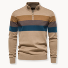 Beige sweater with brown and blue stripes on a white background