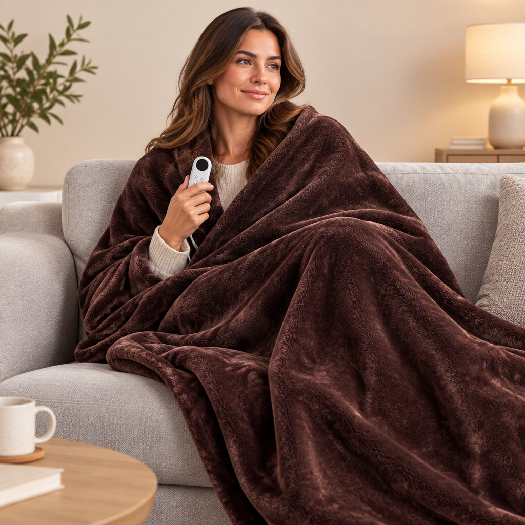 NOUVEAU RICHE Elektrische beheizte Flanelldecke – Weiche Heizdecke mit 6 Wärmestufen, Timer 1–8 h & Abschaltautomatik – CozyHeat