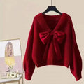 Women's V-Neck Knit Sweater with Large Bow – Elegant Batwing Sleeve Pullover
