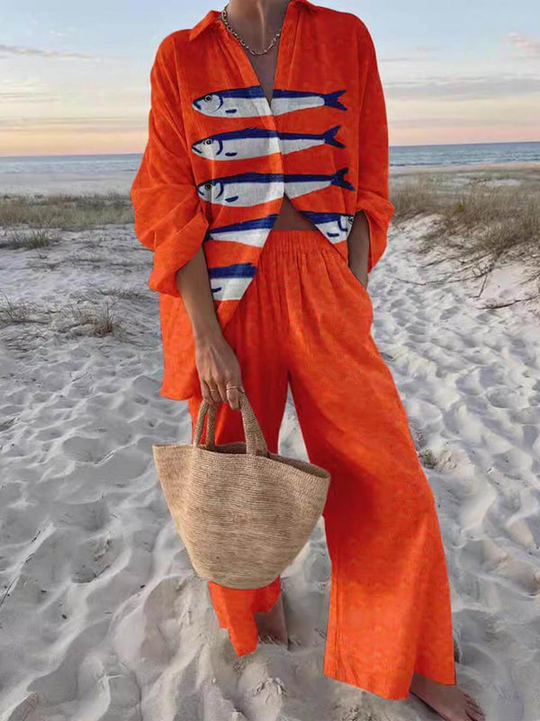 Women’s Printed Oversized Shirt & Wide-Leg Trousers Set – Relaxed Holiday & Summer Style