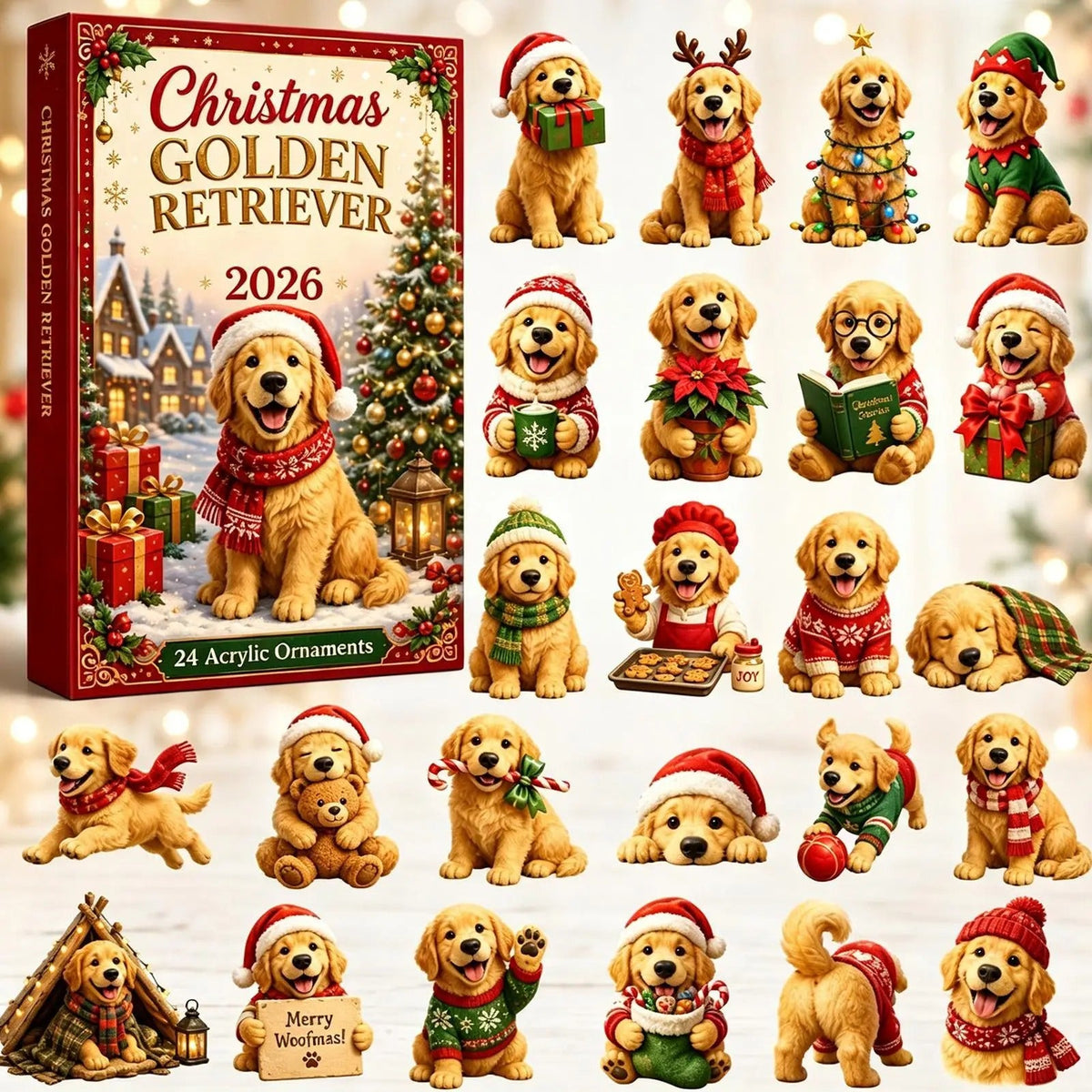 2026 Christmas Advent Calendar Cute American Golden Retriever Pendant 24-day countdown calendar 2D Christmas tree dog pendant