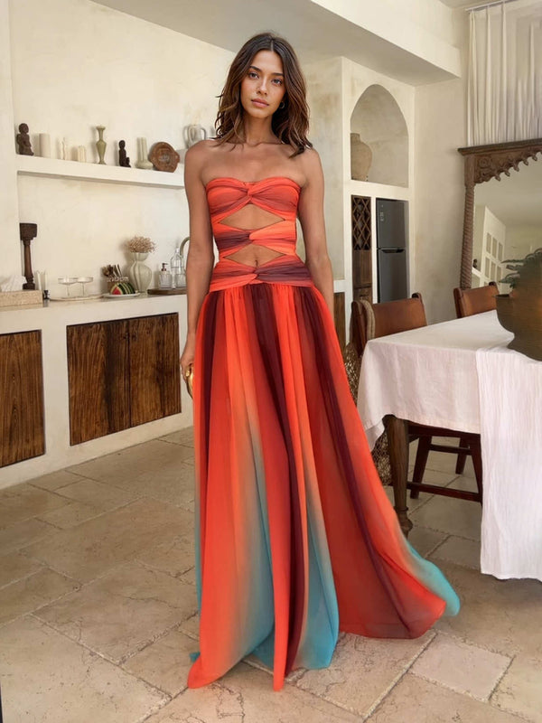 Women’s Gradient Maxi Dress | Sleeveless Wrap Neck with Cut-Out Waist – Summer Party & Holiday Style