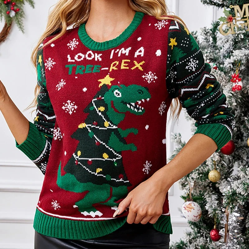 Women's Christmas Dinosaur Sweater – Funny “Look I'm a Tree-Rex” Red and Green Knit Pullover
