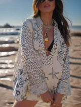 Women’s Satin Two-Piece Set | Geometric Print Shirt & Elastic Waist Shorts