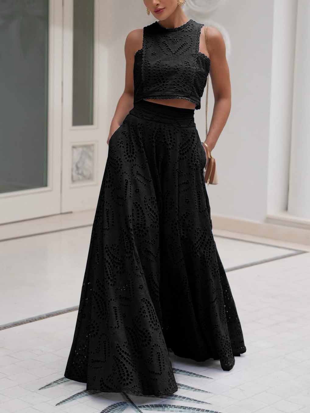 Top donna senza maniche in pizzo ricamato – Stile con ritagli per estate e feste