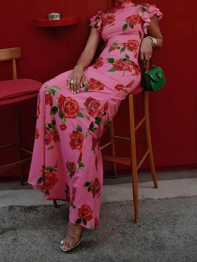 The Amelia Rose Floral Maxi Dress – Tiered Flare Sleeves & Stretch Fit