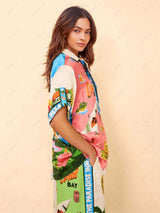 Women’s Printed Short Sleeve Blouse – Pointed Collar Summer Top