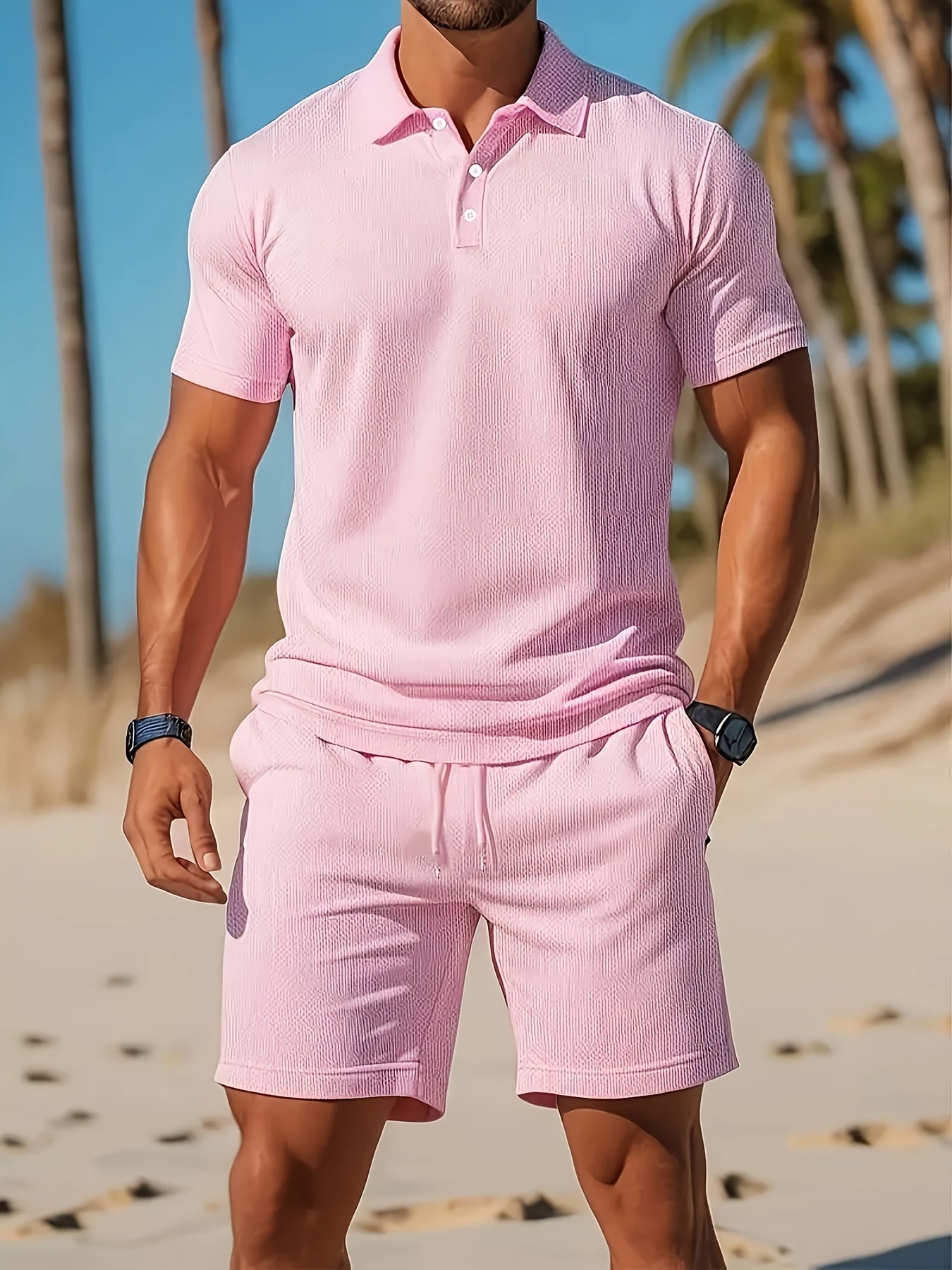 Heren Polo en Korte Broek Set met Polokraag en Trekkoord Lichtroze