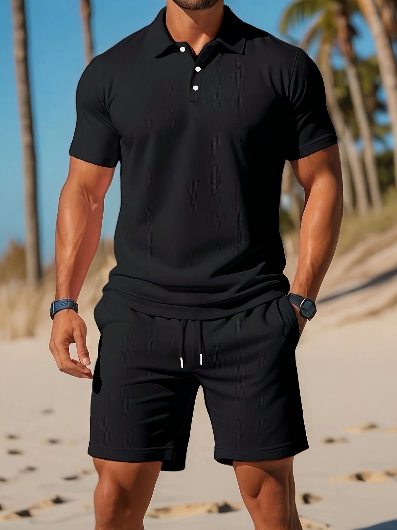 Heren Polo en Korte Broek Set met Polokraag en Trekkoord Zwart