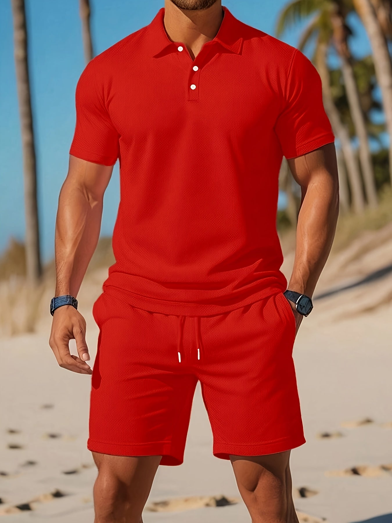 Heren Polo en Korte Broek Set met Polokraag en Trekkoord Rood