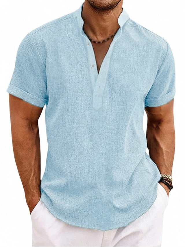 Heren Shirt Korte Mouw met Opstaande Kraag en V-hals