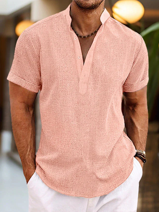 Heren Shirt Korte Mouw met Opstaande Kraag en V-hals Roze