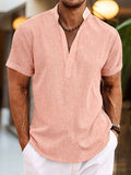 Heren Shirt Korte Mouw met Opstaande Kraag en V-hals Roze