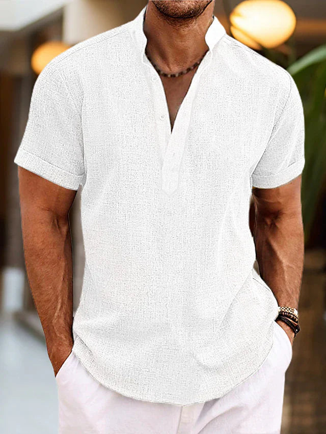 Heren Shirt Korte Mouw met Opstaande Kraag en V-hals Wit