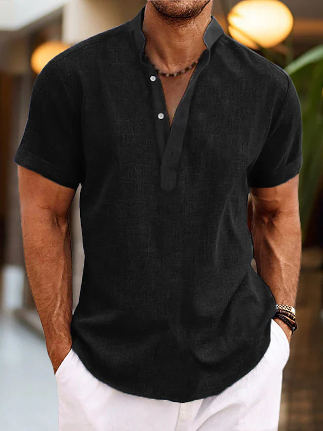 Heren Shirt Korte Mouw met Opstaande Kraag en V-hals Zwart