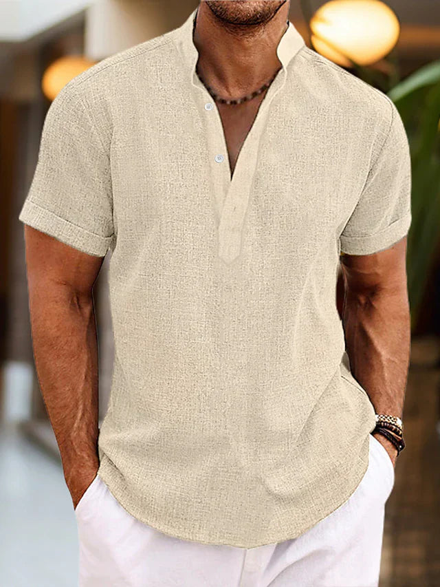 Heren Shirt Korte Mouw met Opstaande Kraag en V-hals Beige