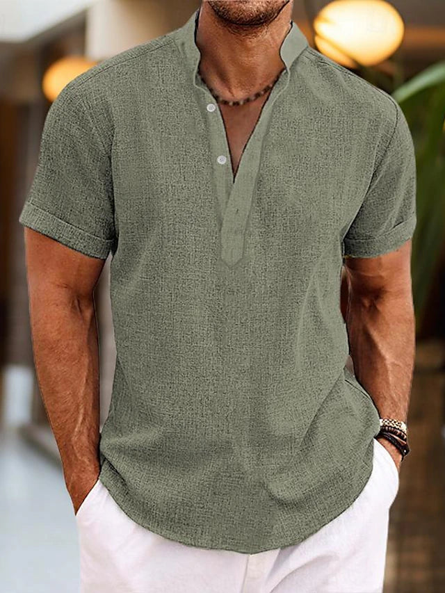Heren Shirt Korte Mouw met Opstaande Kraag en V-hals Groen