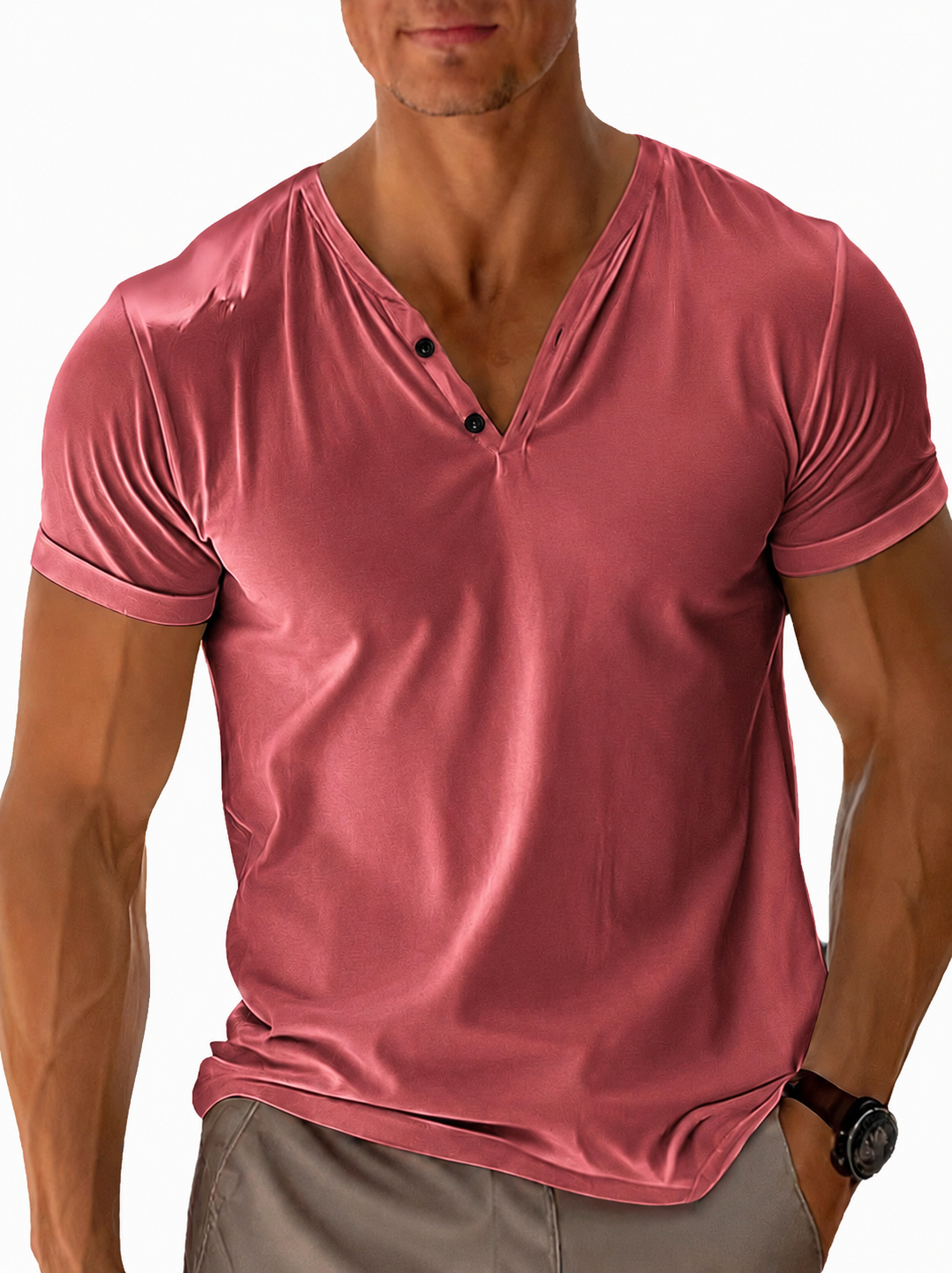 Heren T-shirt met Korte Mouwen en V-hals Henley Bordeauxrood