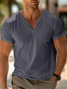 Heren T-shirt met Korte Mouwen en V-hals Henley Grijs