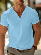 Heren T-shirt met Korte Mouwen en V-hals Henley Lichtblauw
