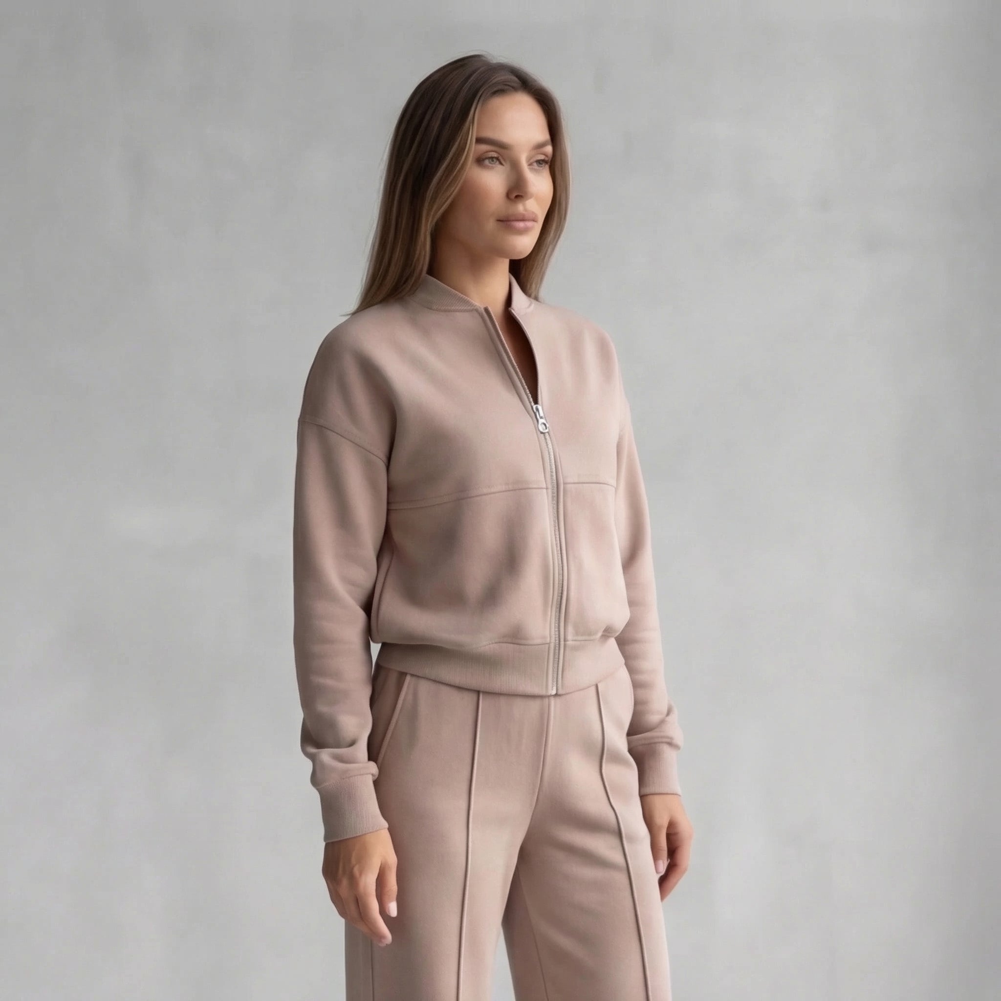Completo casual da donna in due pezzi: giacca con zip e pantaloni a gamba larga