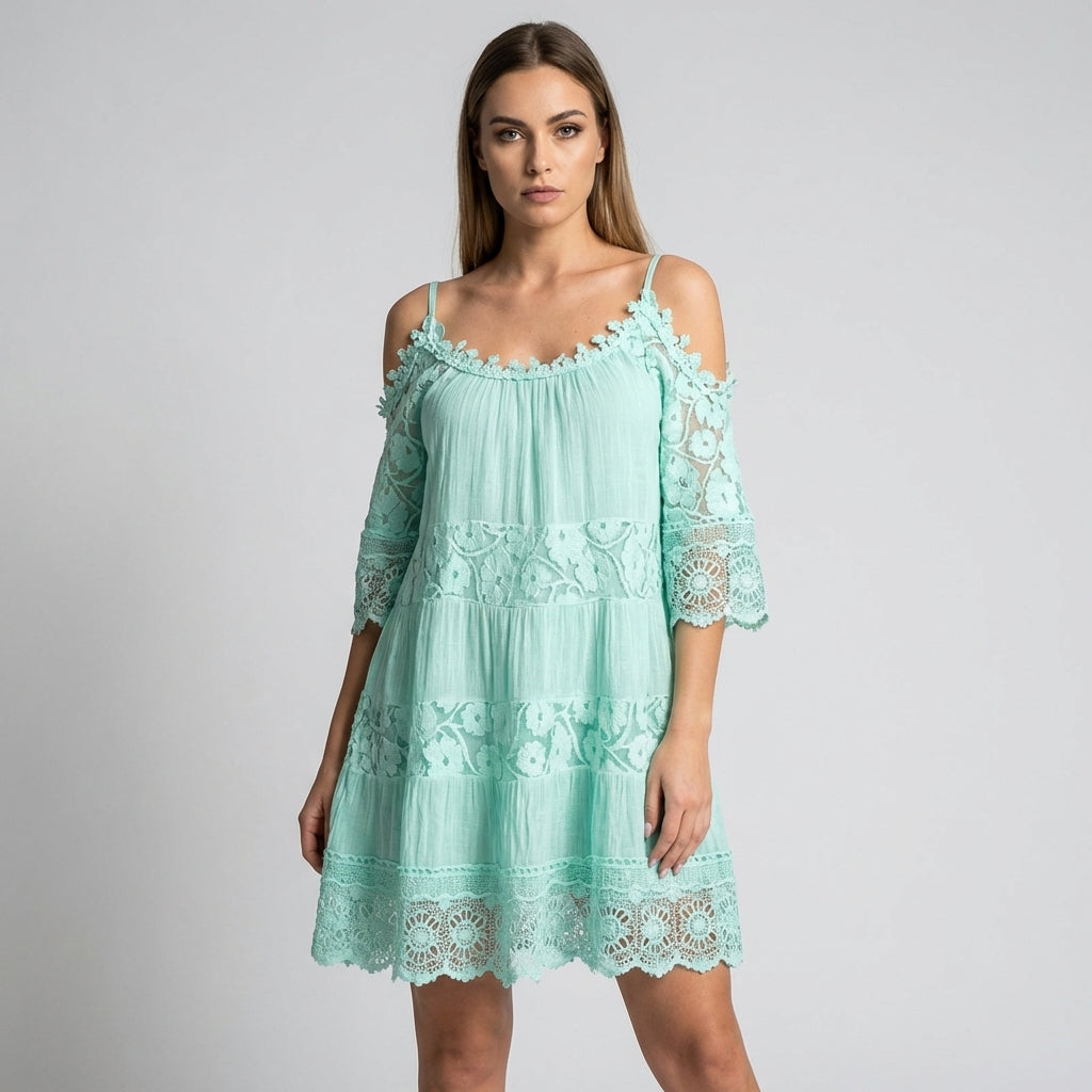 Summer Mini Dress with Crochet Lace and Embroidery