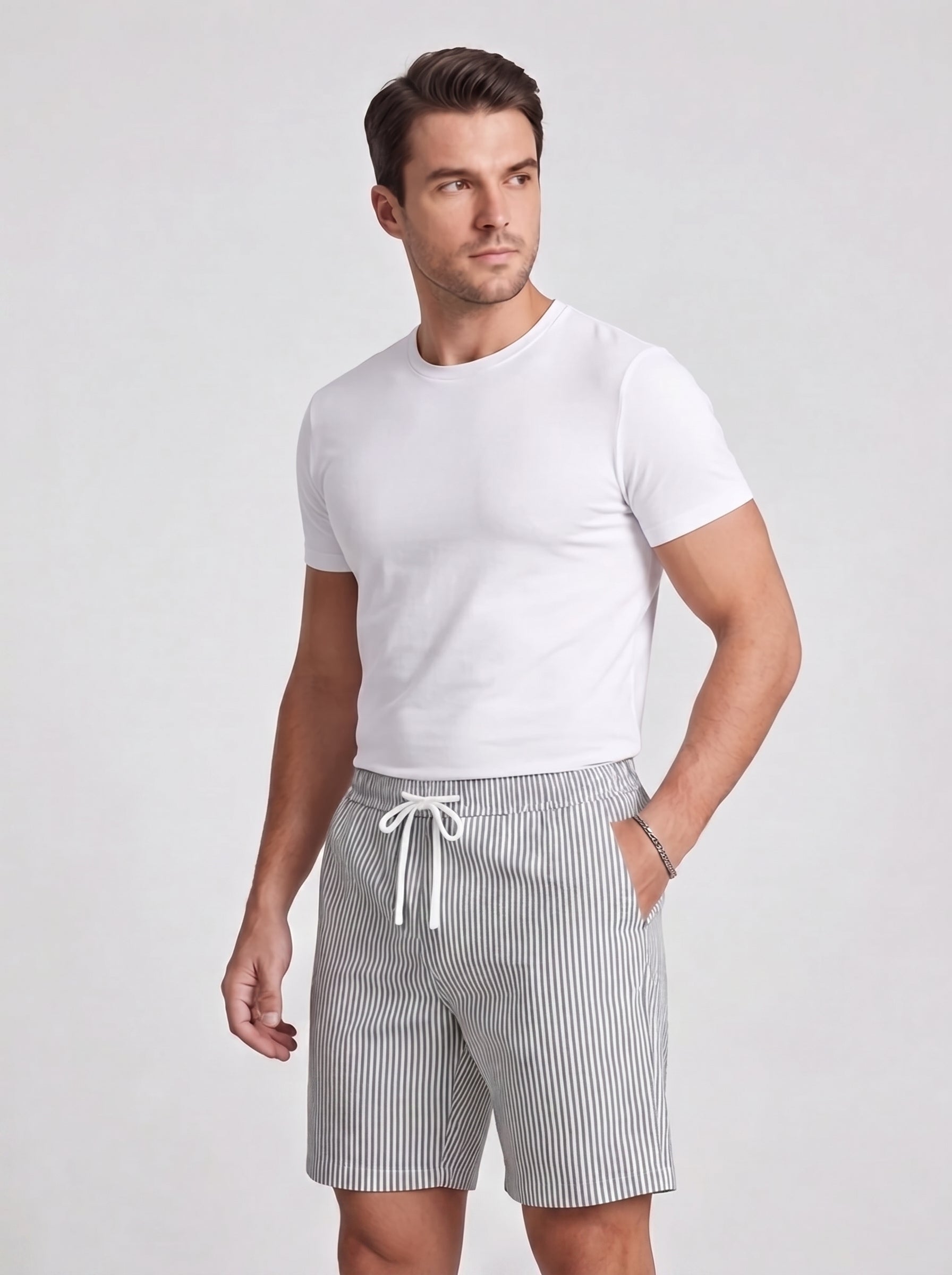 Pantaloncini casual da uomo a righe con vita regolabile con coulisse