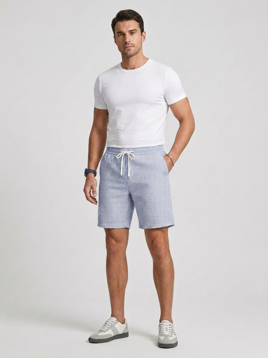 Pantaloncini casual da uomo a righe con vita regolabile con coulisse