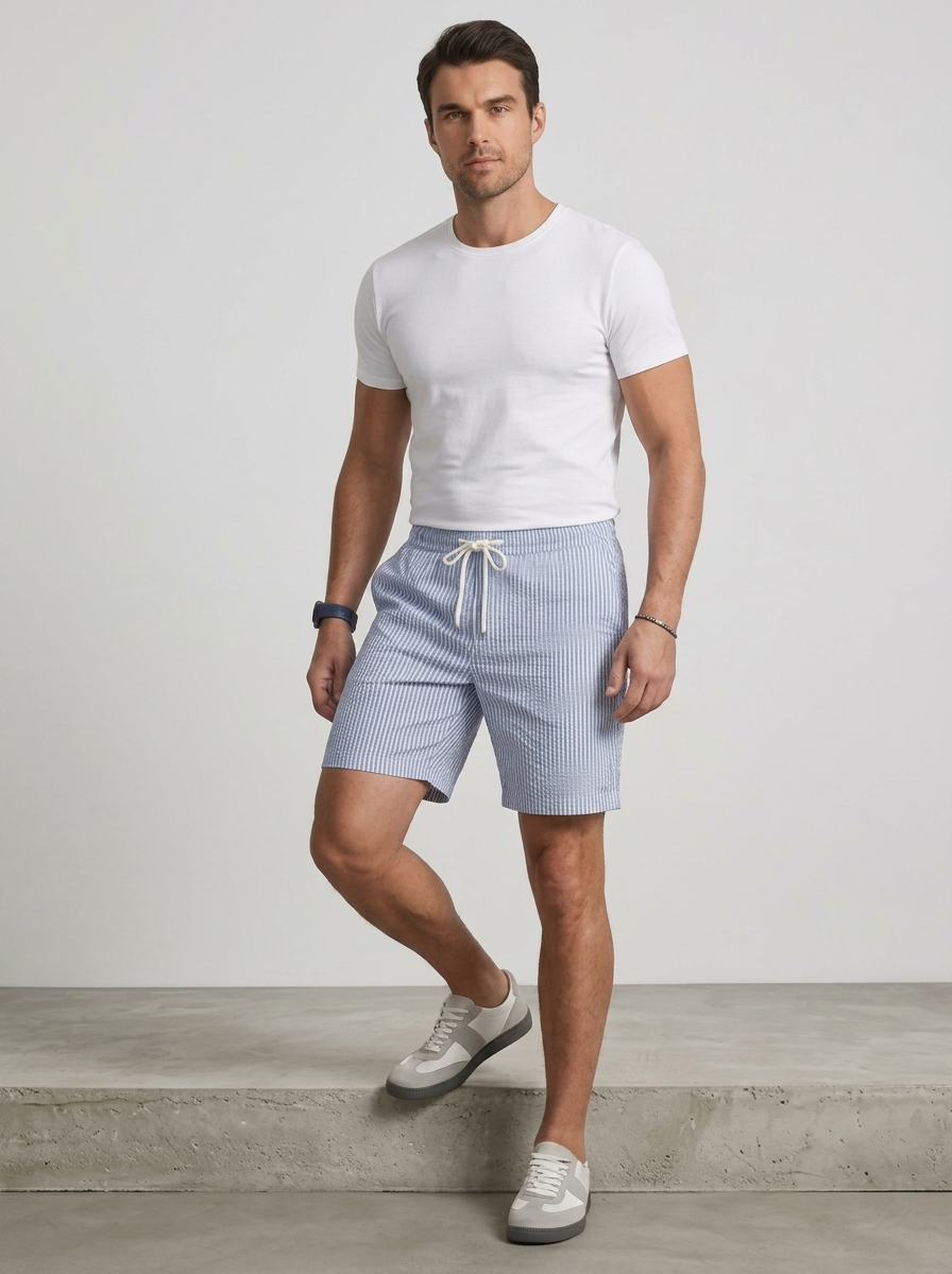 Pantaloncini casual da uomo a righe con vita regolabile con coulisse