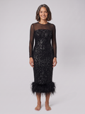 Women's Sequin Midi Dress with Feather Trim Hem | Long Sleeve Mesh Evening Dress for Christmas Parties and Festive Events