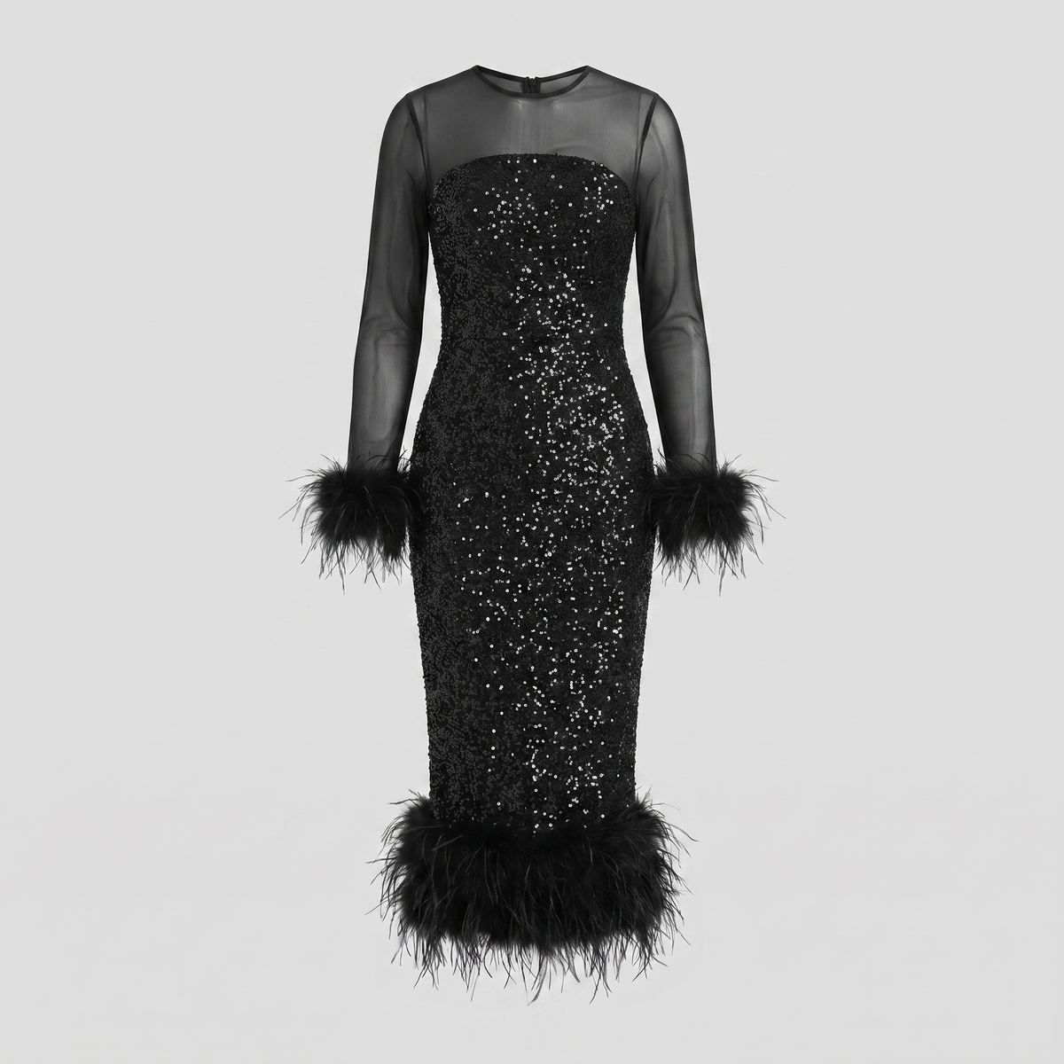 Women's Sequin Midi Dress with Feather Trim Hem | Long Sleeve Mesh Evening Dress for Christmas Parties and Festive Events
