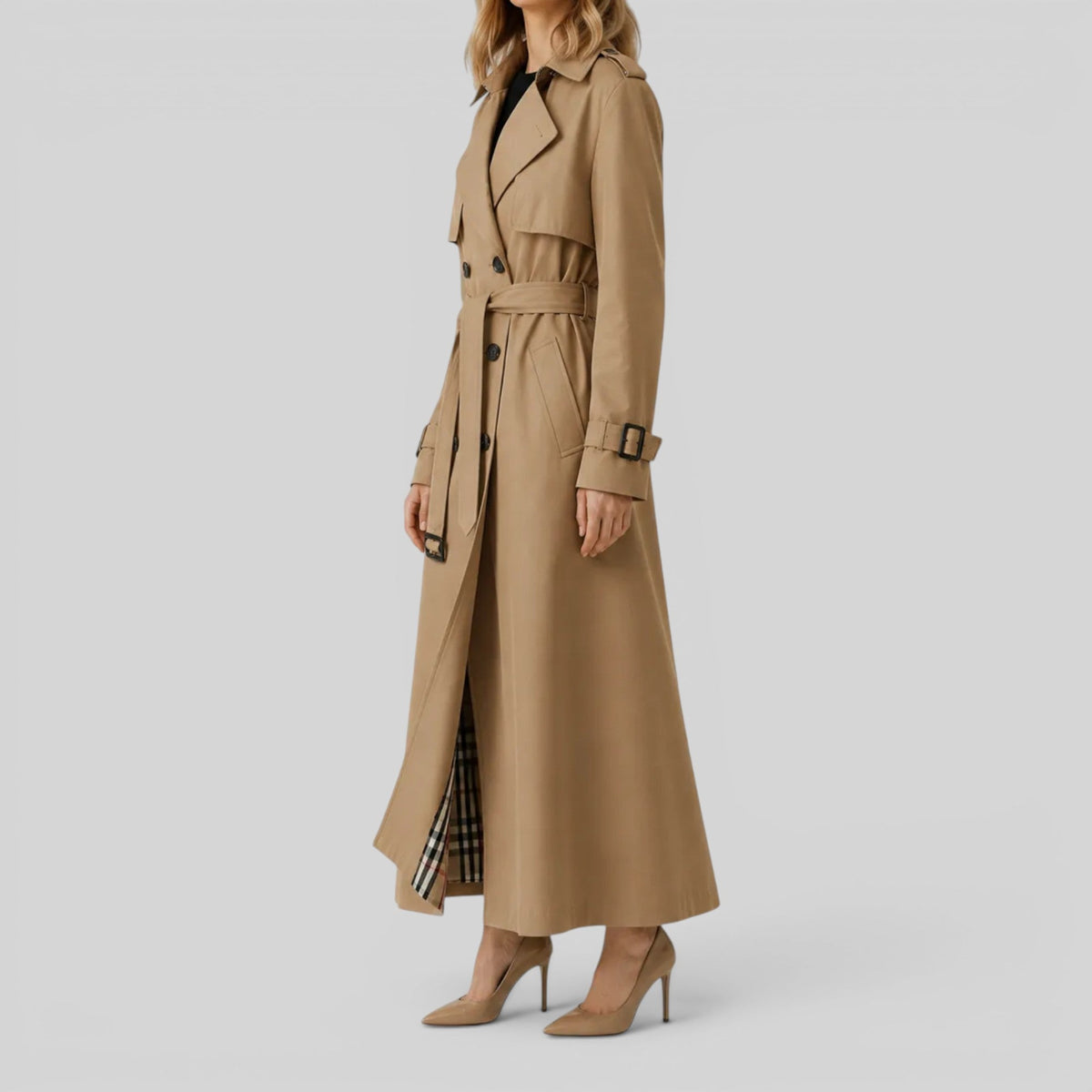 Double Breasted Belted Maxi Trench Coat with Storm Flap