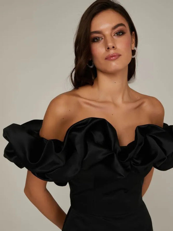 Women's Off-Shoulder Satin Mini Dress – Elegant Ruffled Neckline for Evening Wear