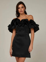 Women's Off-Shoulder Satin Mini Dress – Elegant Ruffled Neckline for Evening Wear