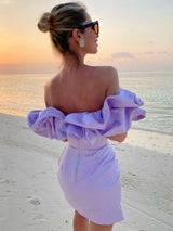 Women's Off-Shoulder Satin Mini Dress – Elegant Ruffled Neckline for Evening Wear