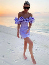 Women's Off-Shoulder Satin Mini Dress – Elegant Ruffled Neckline for Evening Wear