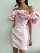 Women's Off-Shoulder Satin Mini Dress – Elegant Ruffled Neckline for Evening Wear