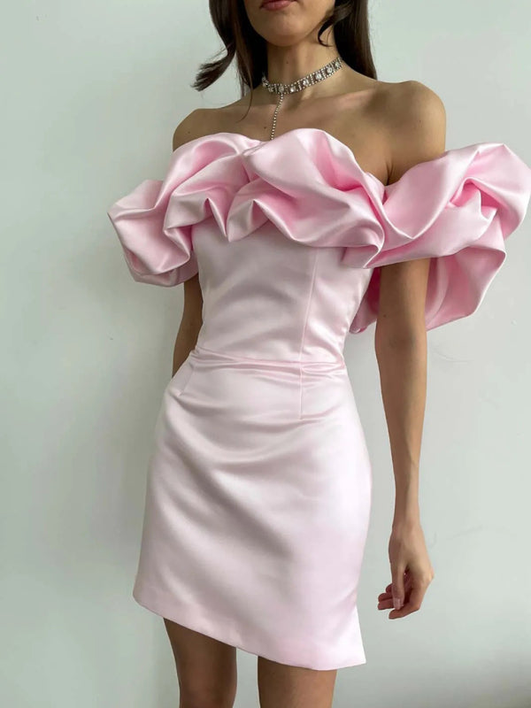 Women's Off-Shoulder Satin Mini Dress – Elegant Ruffled Neckline for Evening Wear