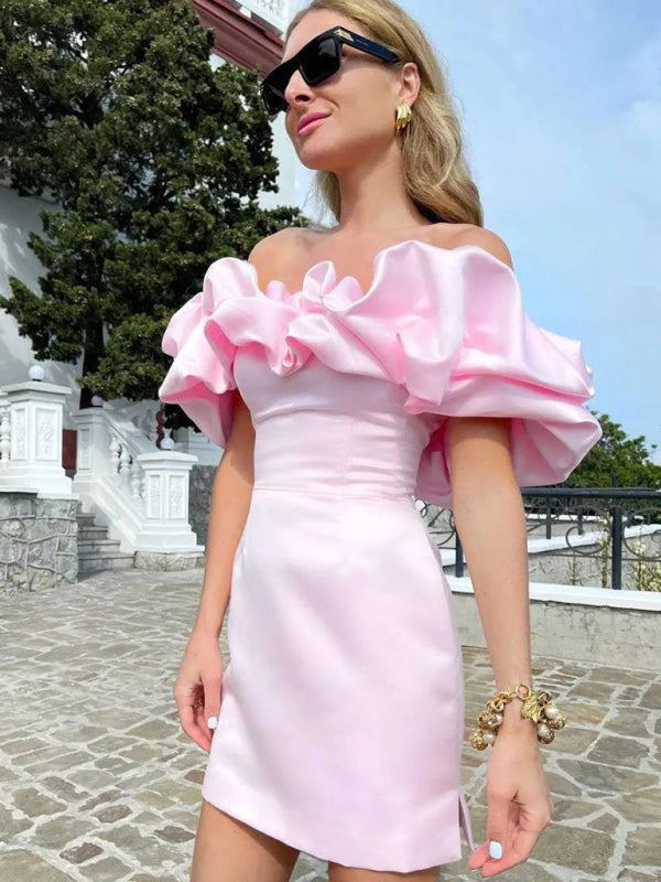 Women's Off-Shoulder Satin Mini Dress – Elegant Ruffled Neckline for Evening Wear