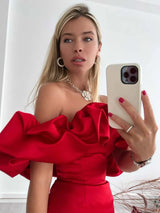 Women's Off-Shoulder Satin Mini Dress – Elegant Ruffled Neckline for Evening Wear