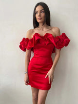 Women's Off-Shoulder Satin Mini Dress – Elegant Ruffled Neckline for Evening Wear