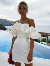 Women's Off-Shoulder Satin Mini Dress – Elegant Ruffled Neckline for Evening Wear