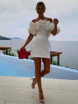 Women's Off-Shoulder Satin Mini Dress – Elegant Ruffled Neckline for Evening Wear
