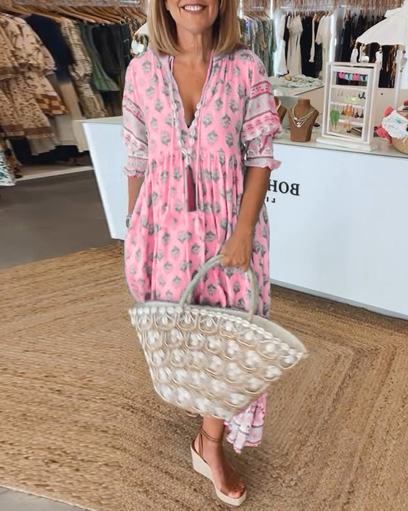 Boho Midi Dress for Women with V-Neck