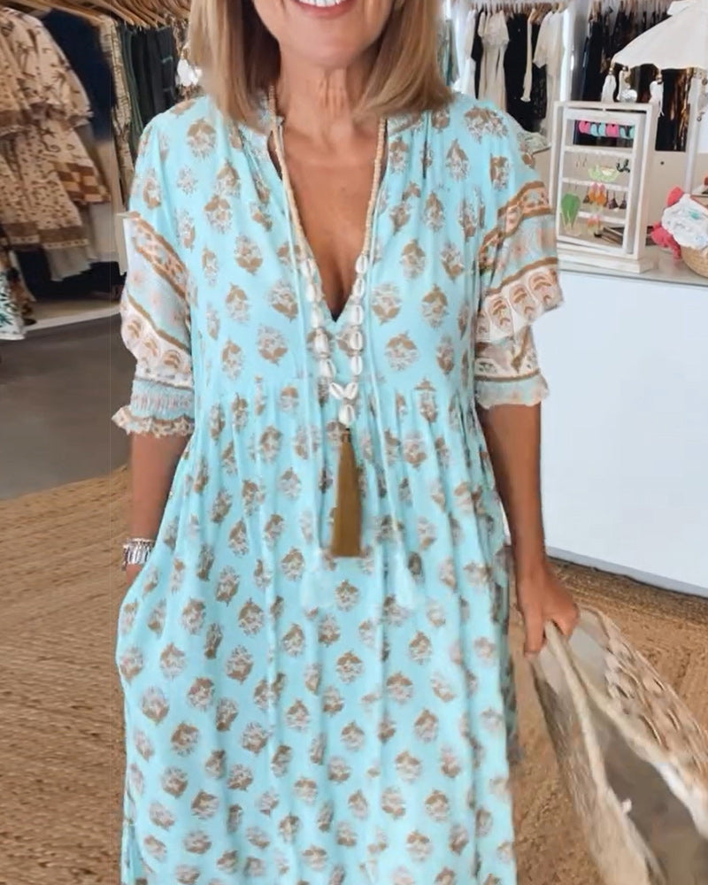 Boho Midi Dress for Women with V-Neck